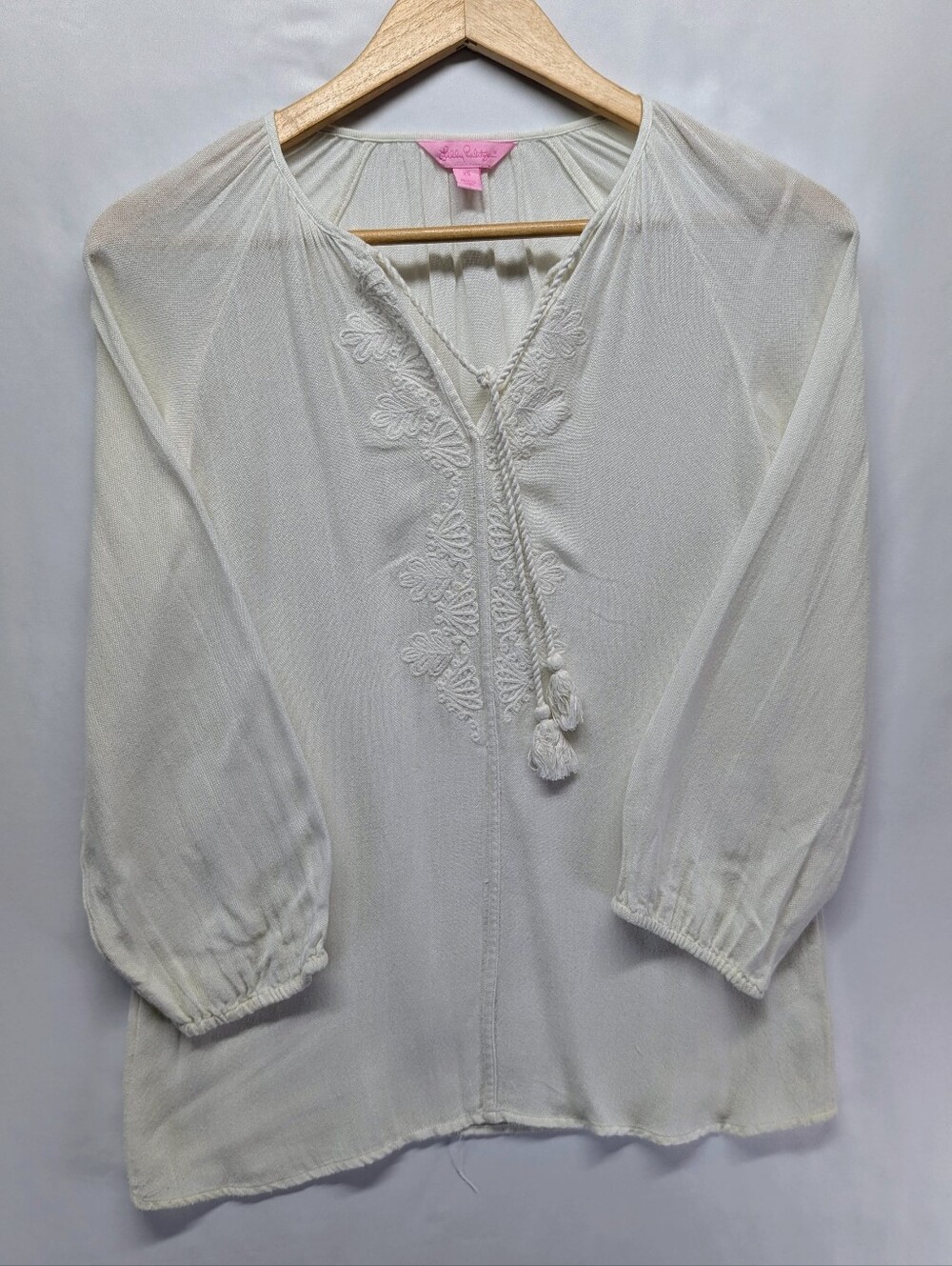 48.Lilly Pulitzer Cream Embroidered‎ Tassel Peasant Tunic